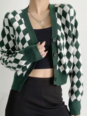 Rose – BlackPink Green Diamond Checkered Pattern Cardigan (7)