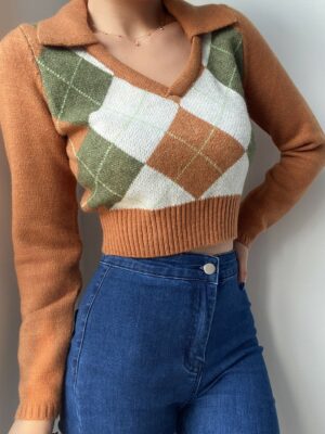 Brown Argyle Cropped Sweater Somi (2)