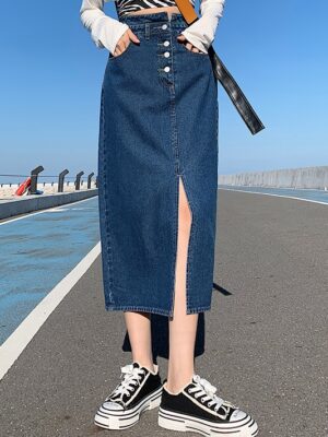 Chung Ha – Navy Blue Front-Slit Denim Skirt (4)