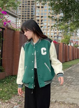 Green Leather Shoulders Baseball Jacket | Hueningkai - TXT