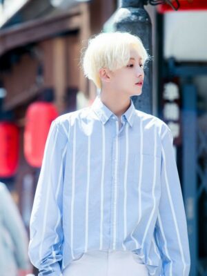 Light Blue Vertical Stripes Shirt | Jeonghan – Seventeen