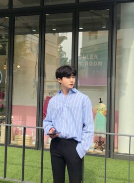 Light Blue Vertical Stripes Shirt | Jeonghan - Seventeen