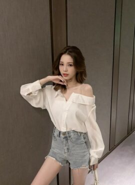 White Asymmetrical Off Shoulder Blouse | Nayeon - Twice