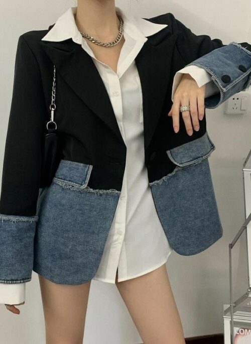 Blue And Black Two-Tone Denim Suit Jacket | Jihyo – Twice