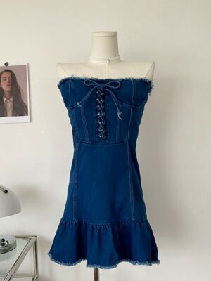 Blue Denim Lace-Up Tube Dress Rose – BlackPink (7)
