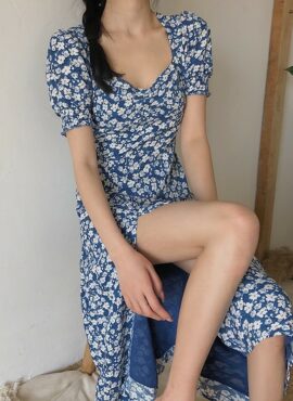 Blue Floral Side Slit Dress | Jisoo - BlackPink