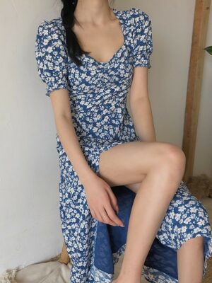 Blue Floral Side Slit Dress Jisoo – BlackPink 2 (4)