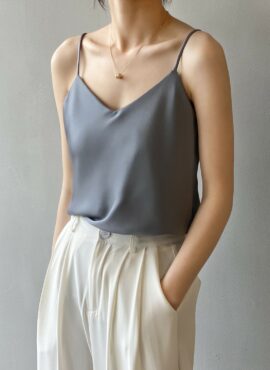 Grey Silk V-Neck Sling Camisole Top | Chaeryeong - ITZY