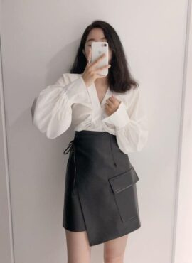 Black Synthetic Leather Wrapped Skirt | IU