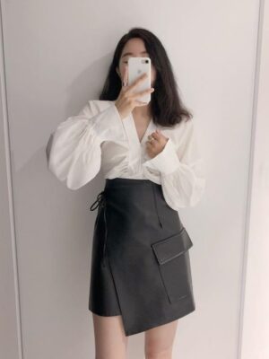 IU – Black Synthetic Leather Wrapped Skirt (9)