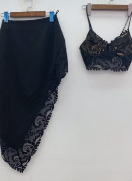 Black Bustier Lace Top And Skirt Set | Momo - Twice