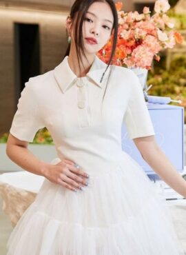 White Tulle Collared Dress | Jennie - BlackPink