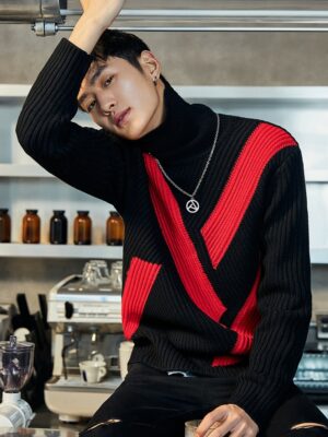 Black And Red Color Block Turtleneck Sweater Mingyu – Seventeen (4)