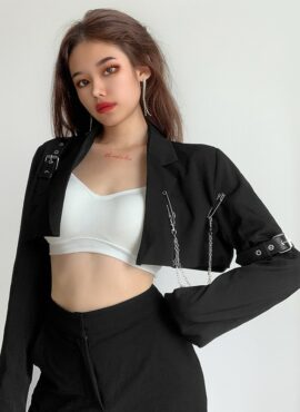Black Cropped Suit Blazer Jacket With Buckle And Chains | SuA - Dreamcatcher