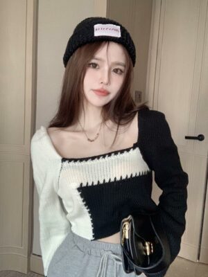 Black White Square Neck Knit Sweater Sihyeon Sihyeon – Everglow (4)