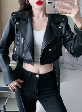 Black Cropped Synthetic Leather Jacket | Sanha - Astro