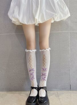 White Lace Socks With Lilac Bows | Mina - Twice