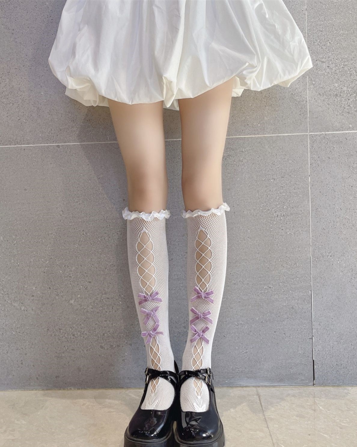 White Lace Socks With Lilac Bows