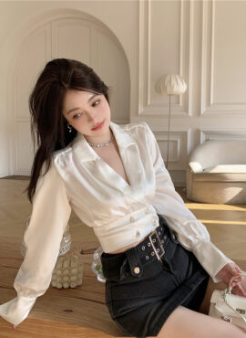 White Satin Double Breasted Suit Top | IU