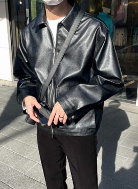 Black Faux Leather Collared Jacket | Jeongin - Stray Kids