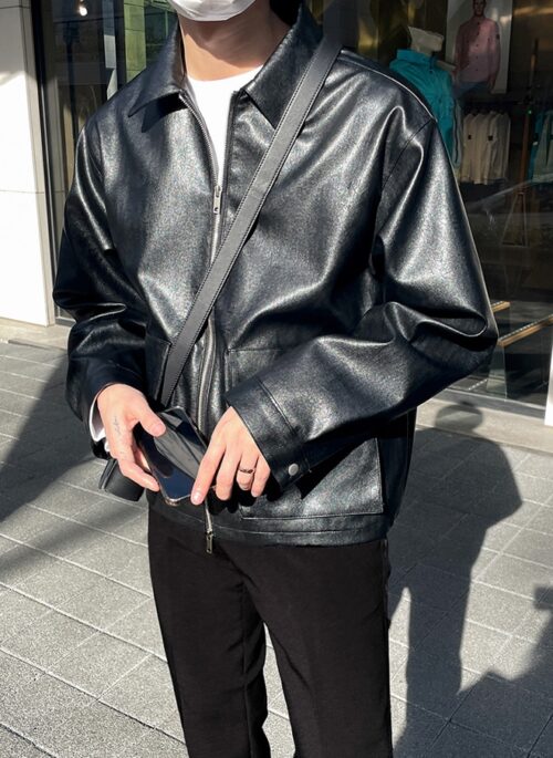 Black Faux Leather Collared Jacket | Jeongin – Stray Kids