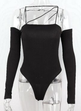 Black Off-Shoulder Bodysuit With Sling Details | Yoohyeon - Dreamcatcher