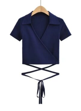 Dark Blue Tie-Waist Wrap Polo | Solar - Mamamoo
