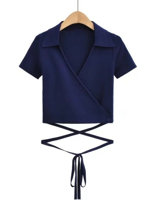 Dark Blue Tie-Waist Wrap Polo | Solar – Mamamoo