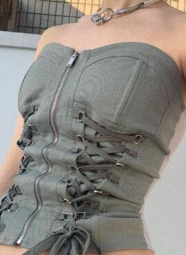 Grey Zip Up Bustier Tube Top With Lace Details | SuA - Dreamcatcher