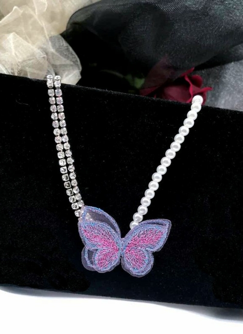 Lilac Pearl And Crystal Chain Butterfly Choker Necklace | Dahyun – Twice