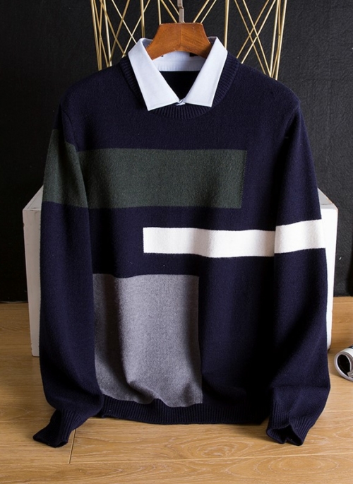 Navy Blue Collared Sweater With Geometric Details | Yoo Deok Hwa – Goblin
