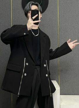 Black Double-Breasted Suit Blazer With Dual Zipper Details | Yunho - ATEEZ