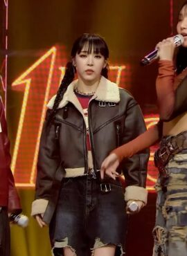 Black Faux Leather Motorcyle Jacket With Fur Details | Moonbyul - Mamamoo