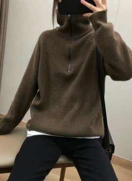Brown Turtle Neck Half-Zipped Sweater | Sunghoon - Enhypen