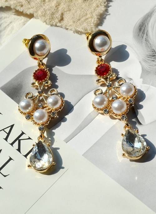 Gold Drop Earrings With Red Crystal and Pearl Details | Jung Hee Joo – Memories of the Alhambra