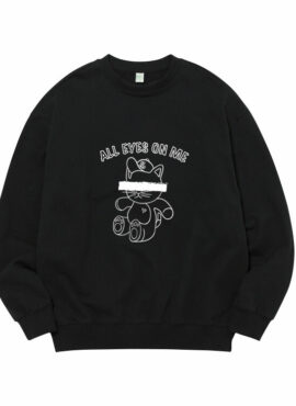 Black Cat-Printed Crew Neck Sweatshirt | Jungkook - BTS