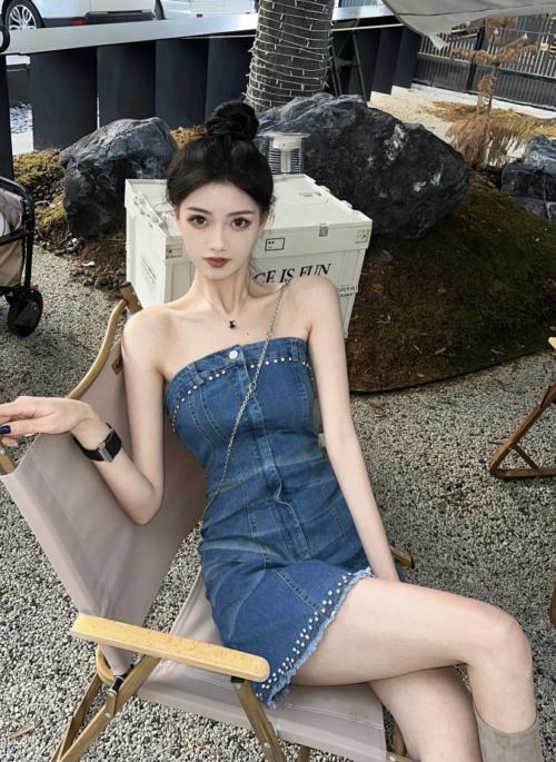 Blue Washed Denim Dress With Crystal Details | Lia – ITZY