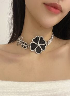 Silver Clover Choker Necklace | Rose - BlackPink