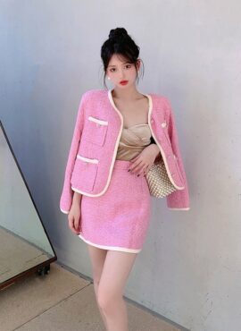 Pink Tweed Jacket And Skirt Set | Somi