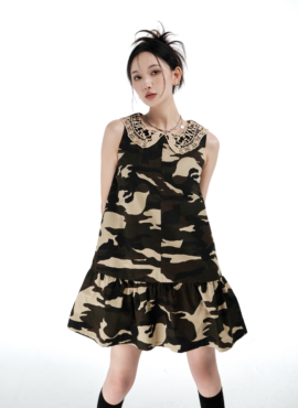 Brown Camouflage Lace Collared Dress | Yeri - Red Velvet