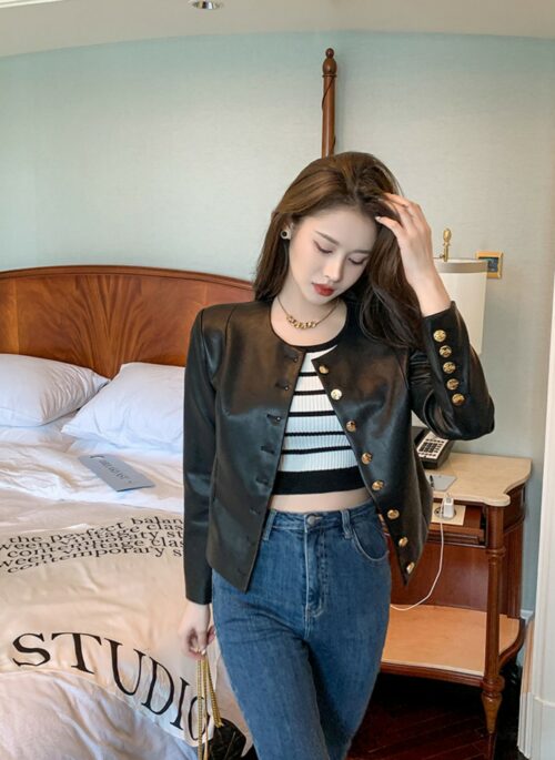 Black Faux Leather Collarless Jacket | Lisa – BlackPink