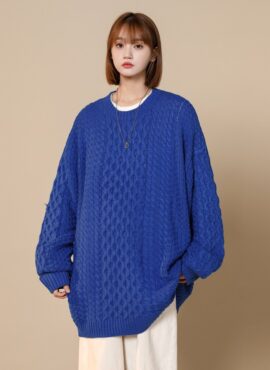 Blue Round Neck Twist Knitted Sweater