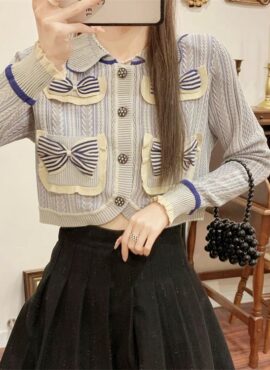 Blue White Doll-Collared Knitted Cardigan | Gaeul – IVE