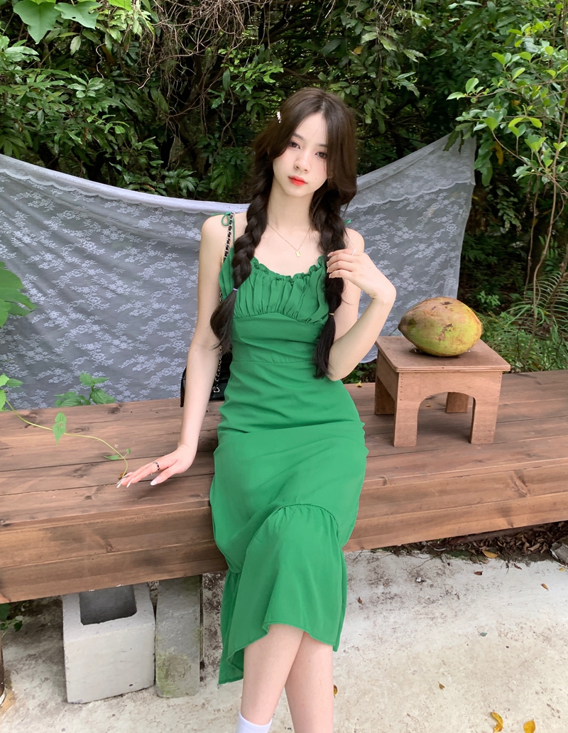 Green V-Neck Midi Sling Dress  Rose - BlackPink - Fashion Chingu