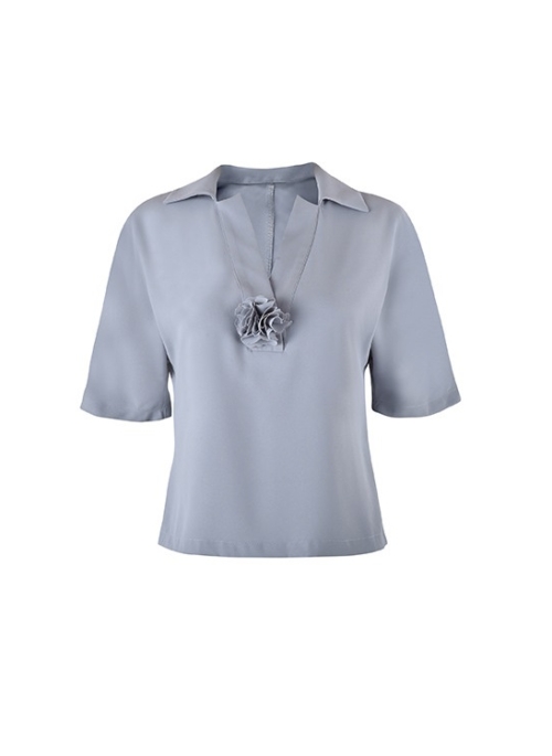 Grey Collared V-Neck Top With Flower Detail | Choi Sang Eun - Love In Contract