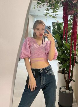 Pink Puff Sleeves Wrap Crop Top | Nayeon - Twice