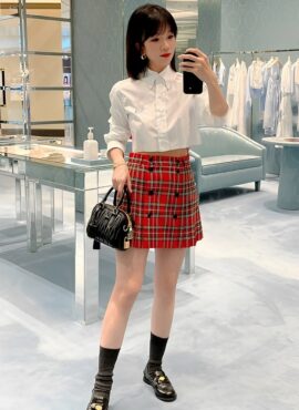 Red Side Pleat Plaid Mini Skirt | Wonyoung - IVE