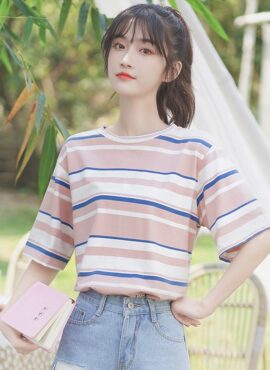 Pink And Blue Striped Oversized T-Shirt