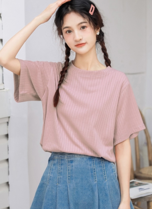 Pink Ribbed Knitted T-Shirt
