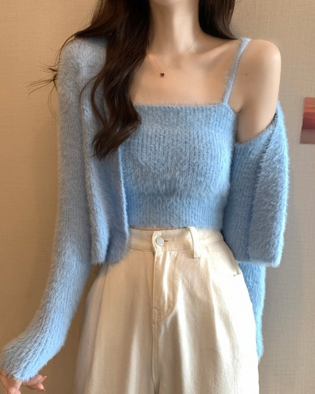 Blue Fluffy Sleeveless Crop Top and Cardigan Set